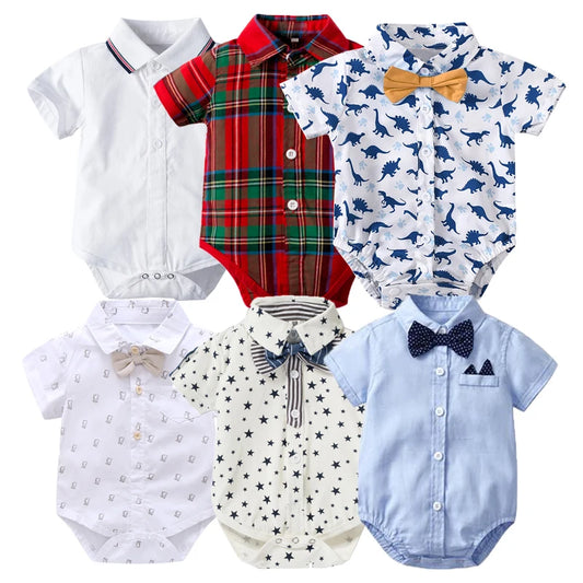 Newborn Boys Bodysuit with Bow Tie Cotton Baby Romper Soft Cartoon Animal Print Formal Short Sleeve Children Top Costume