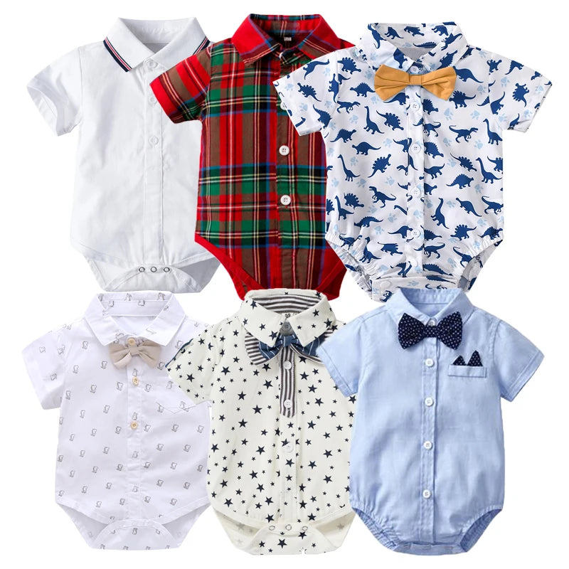 Newborn Boys Bodysuit with Bow Tie Cotton Baby Romper Soft Cartoon Animal Print Formal Short Sleeve Children Top Costume
