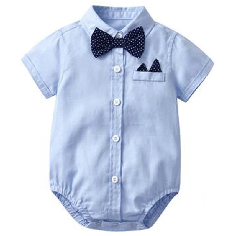 Newborn Boys Bodysuit with Bow Tie Cotton Baby Romper Soft Cartoon Animal Print Formal Short Sleeve Children Top Costume