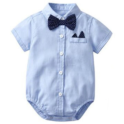 Newborn Boys Bodysuit with Bow Tie Cotton Baby Romper Soft Cartoon Animal Print Formal Short Sleeve Children Top Costume