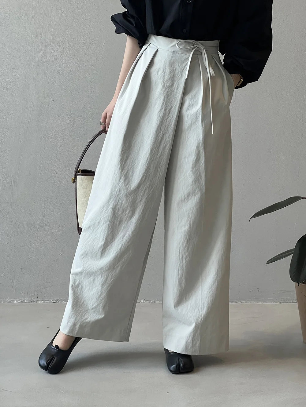 Asymmetric Diagonal Placket Strap Wide Leg Pants for Women's Spring High Waisted Straight Leg Casual Pants