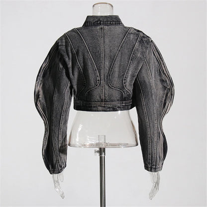 ZHEZHE Unique Fashion Female Spring Fall Winter Long Sleeve Denim Jeans Windbreaker Clothes Short Crop Jackets for Women'S Coats