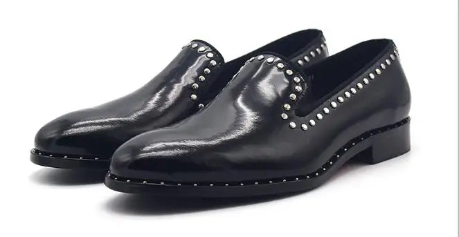 New fashion black shoes for men slip on loafers  rivet square toe  dress shoes Shiny genuine leather men shoes