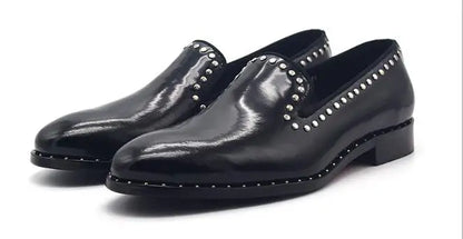 New fashion black shoes for men slip on loafers  rivet square toe  dress shoes Shiny genuine leather men shoes