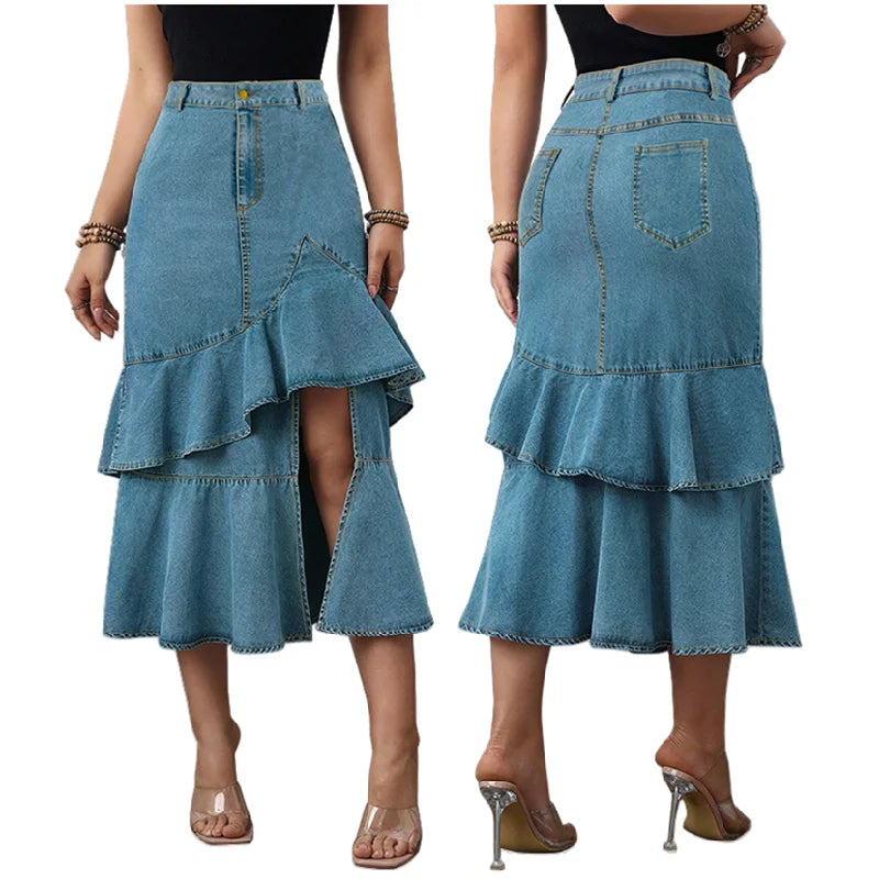 Latest Design Plus Size Women Jeans Skirt Silm Fit Mid Length Ruffle Denim Skirt for Women