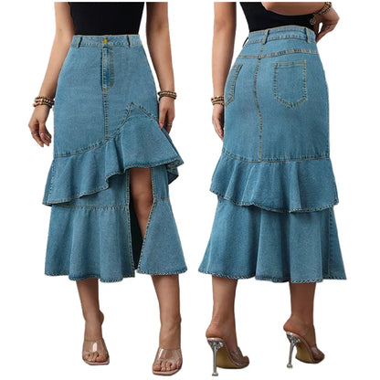 Latest Design Plus Size Women Jeans Skirt Silm Fit Mid Length Ruffle Denim Skirt for Women