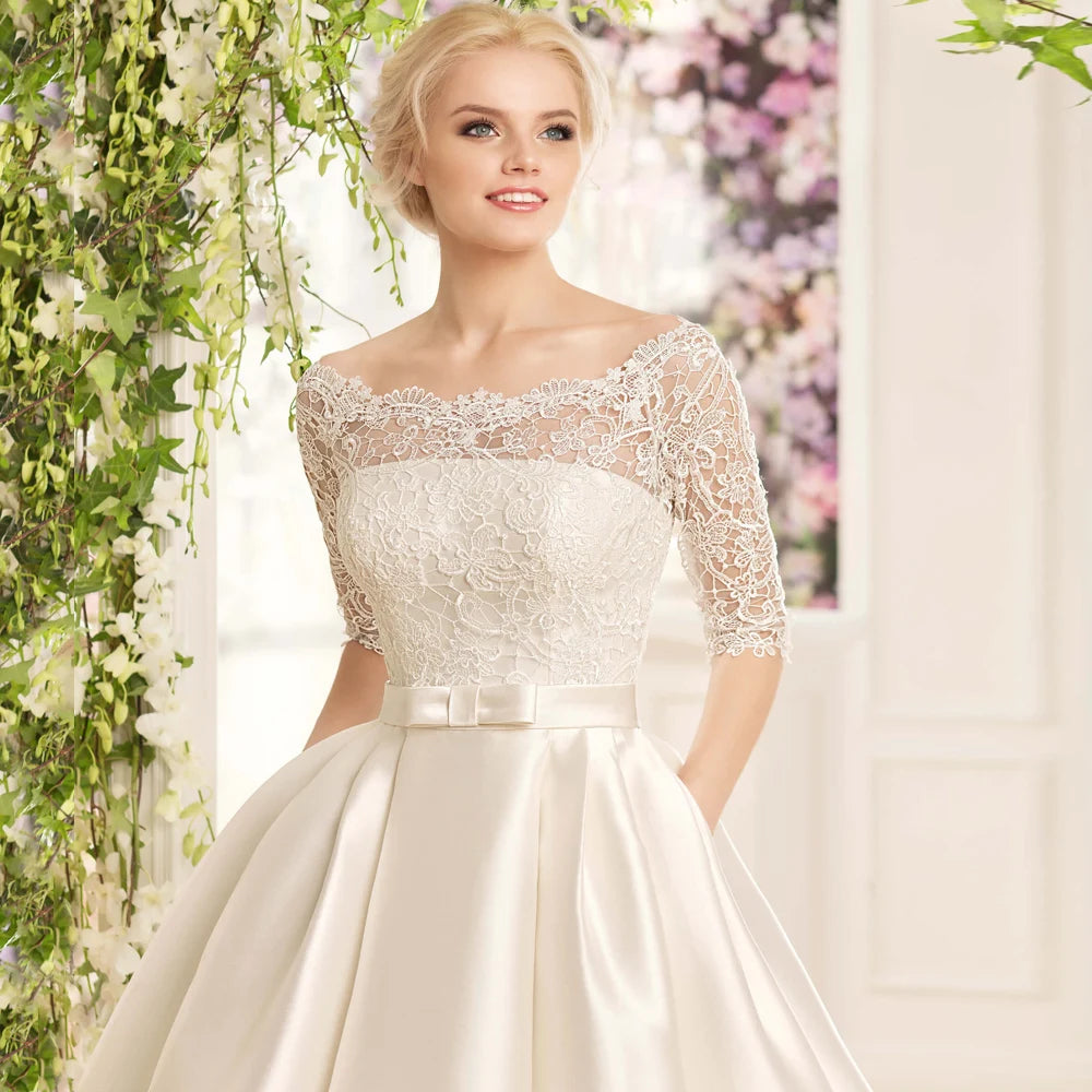 Customized Modest Lace Satin Wedding Dress Scoop Neck Half Sleeves Ball Gown Sweep Train Bridal Dresses Vestido Noiva