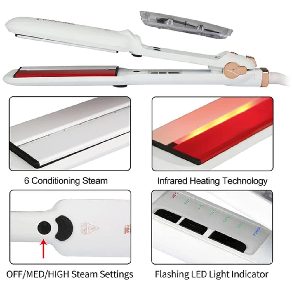 RUCHA Infrared Steam Hair Straightener 2 Inches Wide Plate Hair Salon Steampod Ironing Styler Ceramic Tourmaline Flat Iron