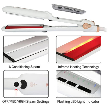 RUCHA Infrared Steam Hair Straightener 2 Inches Wide Plate Hair Salon Steampod Ironing Styler Ceramic Tourmaline Flat Iron