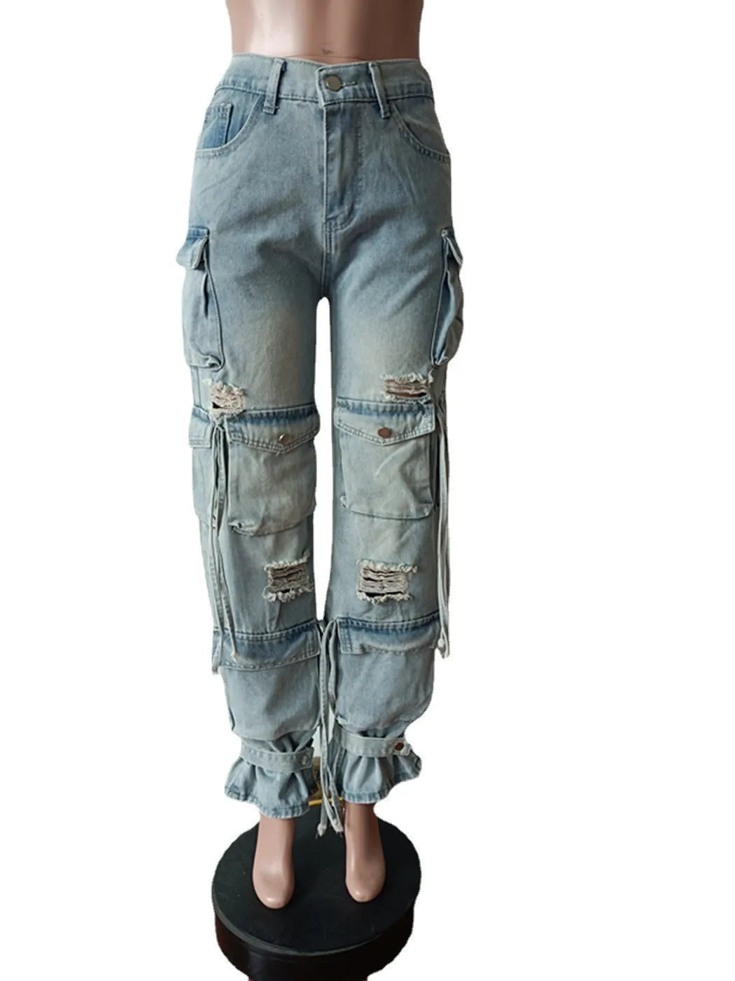 2023 Summer New Multi-Pocket Denim Cargo Pants Ladies Jean Pants Baggy Ripped Wide Leg Jeans Blue Woman Washed Cargo Trousers