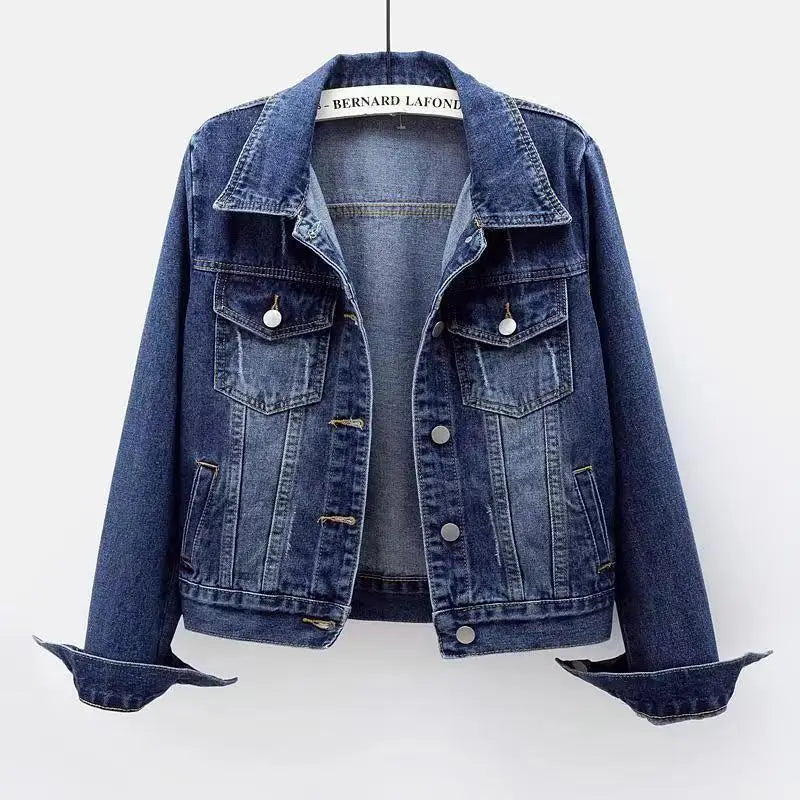 Women's Casual Washed Regular Fit High Quality Vintage Denim Jacket with Waist Tie and Cargo Pockets