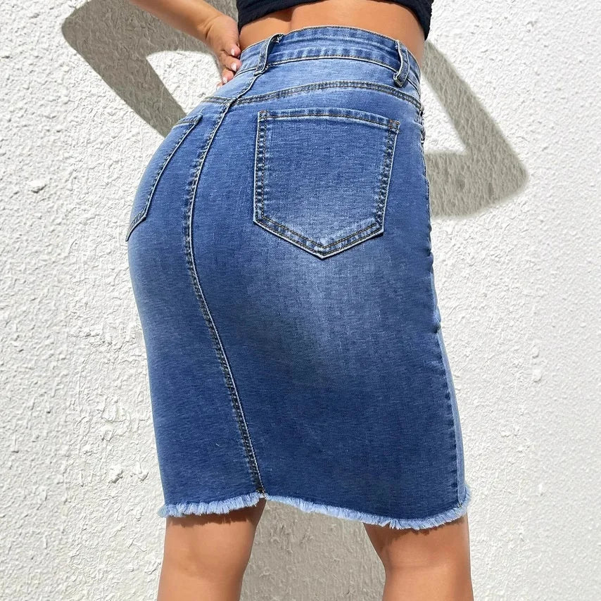 YUNBOFEI Women High Waist Fringe Hem Denim Skirt Light Blue Distressed Frayed Edge Casual Street Style