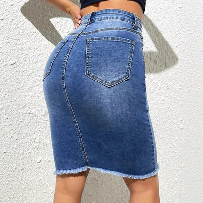 YUNBOFEI Women High Waist Fringe Hem Denim Skirt Light Blue Distressed Frayed Edge Casual Street Style