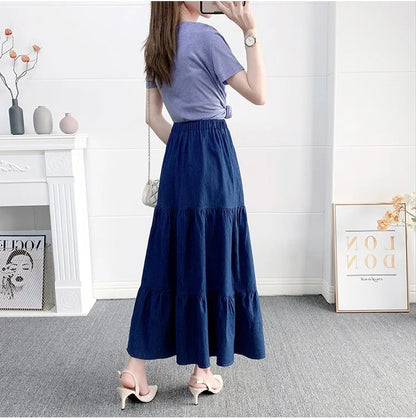 Vintage Loose Chic Skirts for Women Elegant High Waist Office Lady Long Skirt Fashion Woman Blue Denim Skirt