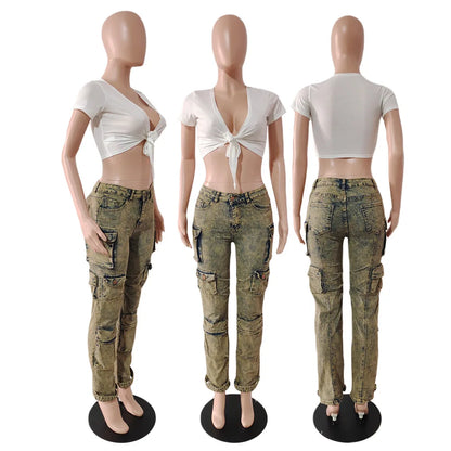 Jean Cargo Pants Women Street Wear Manufacturer Wholesale Jeans 6 Pocket Trouser Ladies Denim Cargo Pants With Multi Pockets
