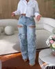 New Arrival Womens Cargo Denim Pants Fashion Mid-rise Jeans Straight Baggy Multi-pocket Hollow Out Rhinestones Trousers