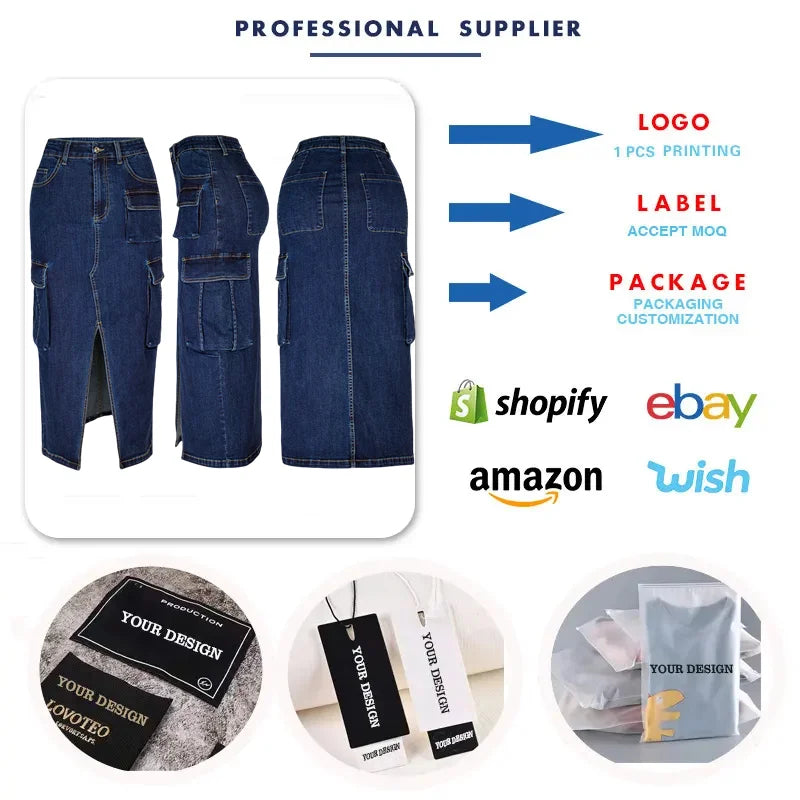 SL157 High Quality Summer Cargo Jeans Skirts for Women Multi Pocket High Waist Slim Split Long Denim Skirts for Women