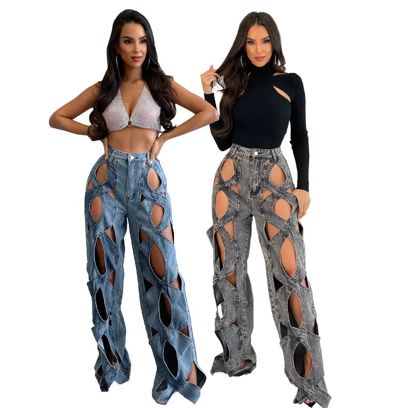 Clothes Vendors Boutique Wholesale Cutout Streetwear Denim Hot Bottom Wide Leg Pants Women Jeans