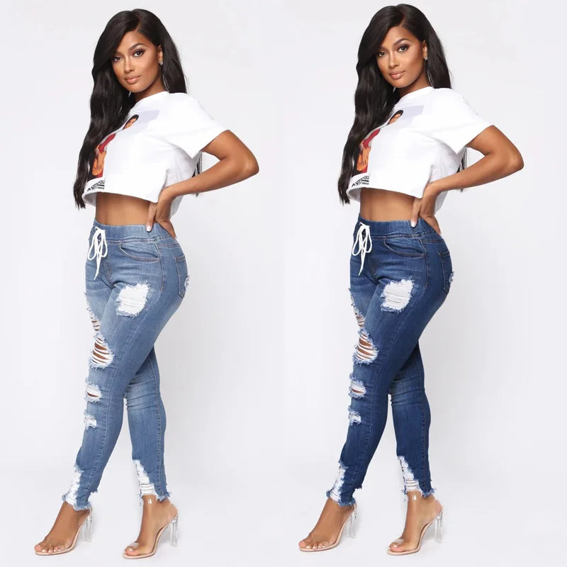 Fashion High Waisted Boyfriend Jeans for Women Lace up Slim Casual Hole Pencil Pants Sexy Autumn Denim Trousers Streetwear