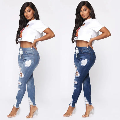 Fashion High Waisted Boyfriend Jeans for Women Lace up Slim Casual Hole Pencil Pants Sexy Autumn Denim Trousers Streetwear