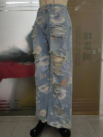 GX6981S Fashion Women Elegant Clothing Vendor Street Wear Ladies Printed Ripped Jeans Trouser Hollow Out Casual Denim Pant