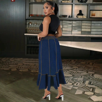 Latest Design Plus Size Women Jean Skirt Elastic Waistband Ruffle Long Denim for