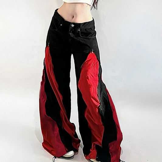 Heavy Patchwork Zip Up Baggy Jeans Women Hip Hop Color Block Loose Wide Leg Denim Pants Vintage Streetwear
