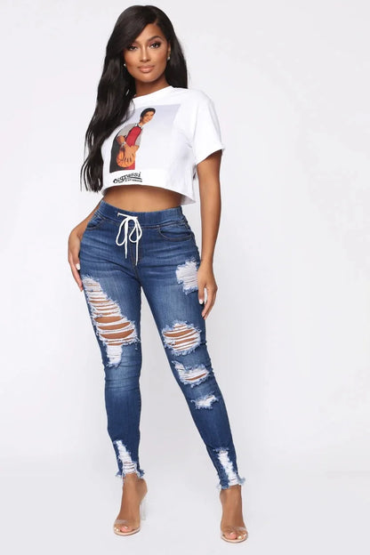 Fashion High Waisted Boyfriend Jeans for Women Lace up Slim Casual Hole Pencil Pants Sexy Autumn Denim Trousers Streetwear