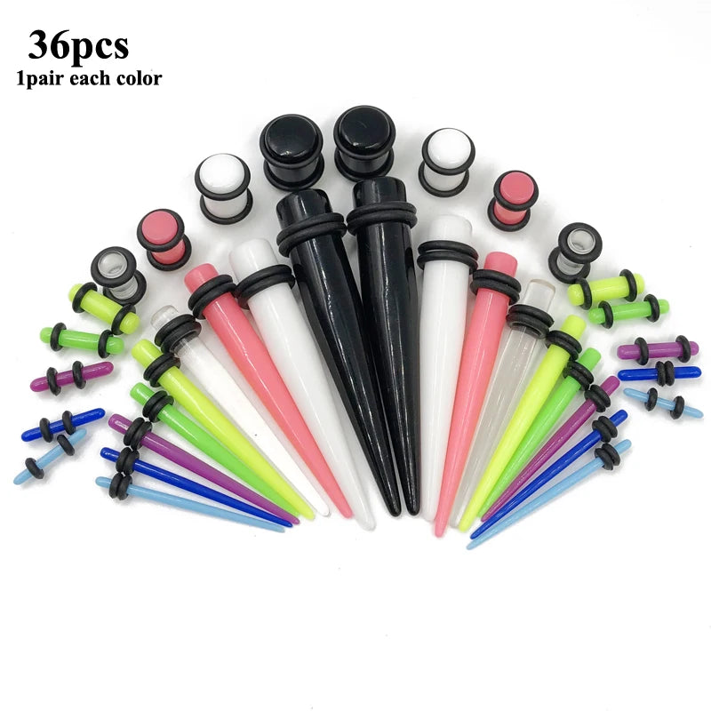 36pcs/lot Acrylic Ear Gauge Taper and Plug Stretching Kits Mixed Color