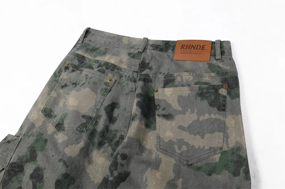 Tie Dye Camouflage Large Pocket Overalls Designer Men's Trend Loose Stone Wash Denim Fashion Patch Wide Leg Straight Men's Jeans