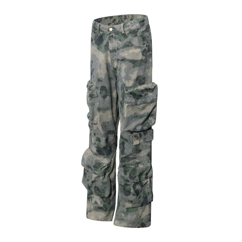 Tie Dye Camouflage Large Pocket Overalls Designer Men's Trend Loose Stone Wash Denim Fashion Patch Wide Leg Straight Men's Jeans