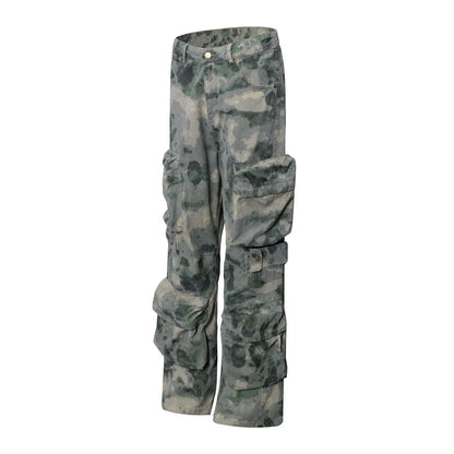Tie Dye Camouflage Large Pocket Overalls Designer Men's Trend Loose Stone Wash Denim Fashion Patch Wide Leg Straight Men's Jeans