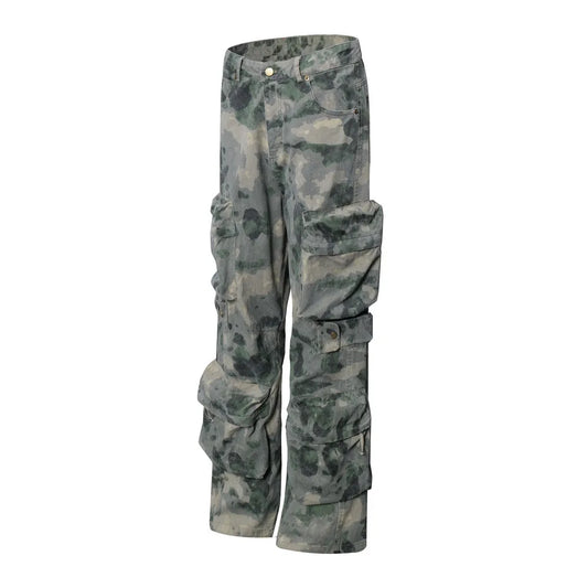 Tie Dye Camouflage Large Pocket Overalls Designer Men's Trend Loose Stone Wash Denim Fashion Patch Wide Leg Straight Men's Jeans