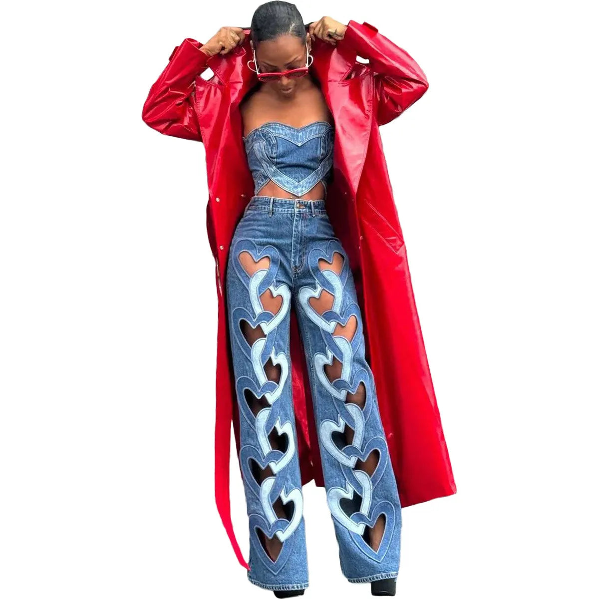 Blue Heart-Patterned Top Denim Pants with Hollow Embroidery Loose Jeans Women Set