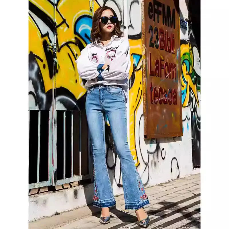 Women Stretch High Waist Embroidery Jeans Wide Leg Floral Denim Long Pants Flared Trousers Lady Women's Fashion Pants