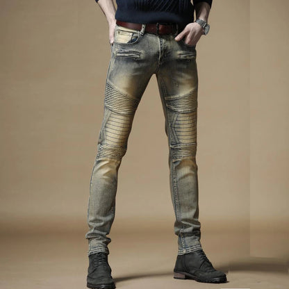 Top Fashion Slim Fit Men's Distressed Denim Bikers Jeans Pants Mid-Waist Pencil Style with Fast Delivery