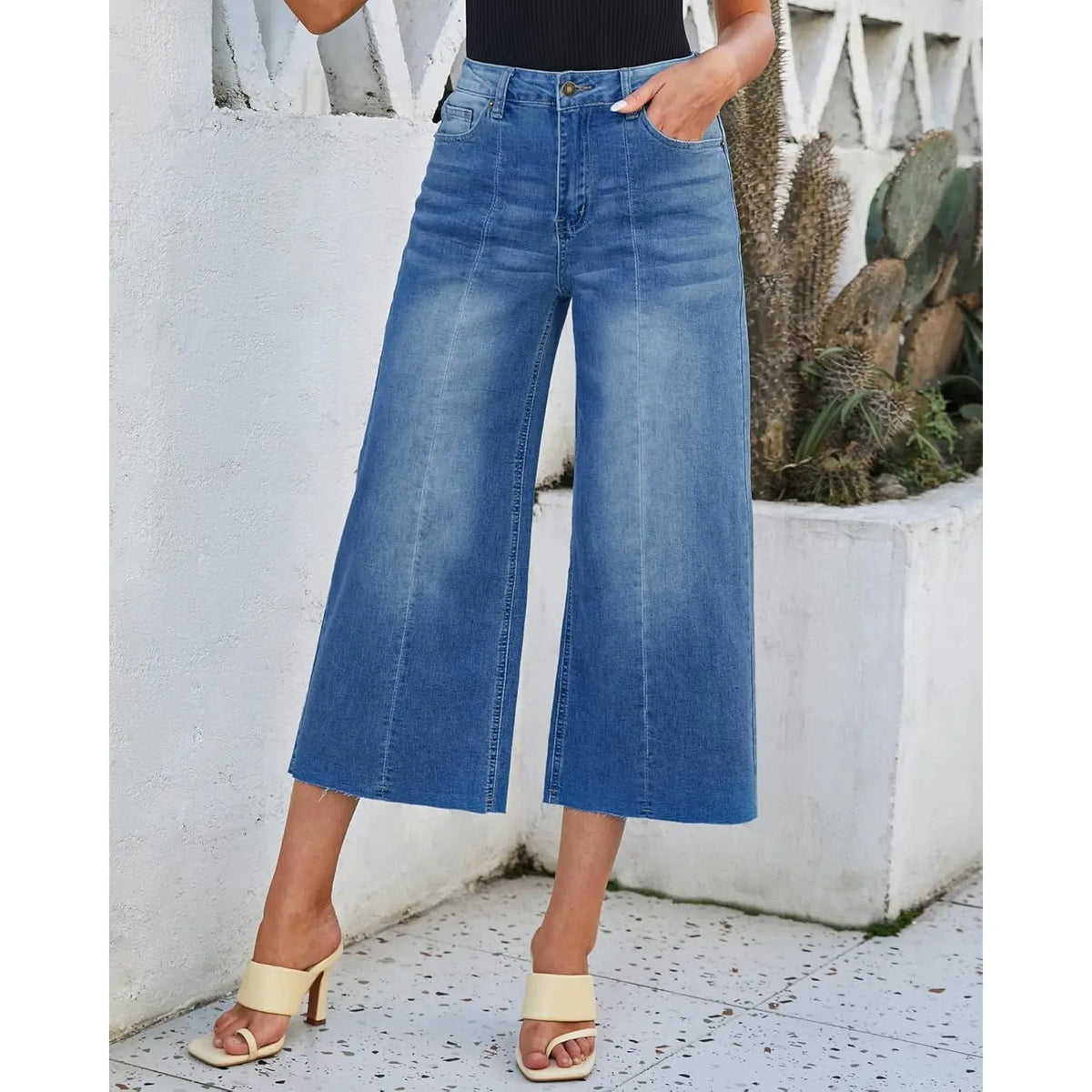2025 Trendy High Waisted Women's Wide Leg Capris for Raw Hem Stretchy Denim Cropped Pants Jeans for Raw Hem Stretchy