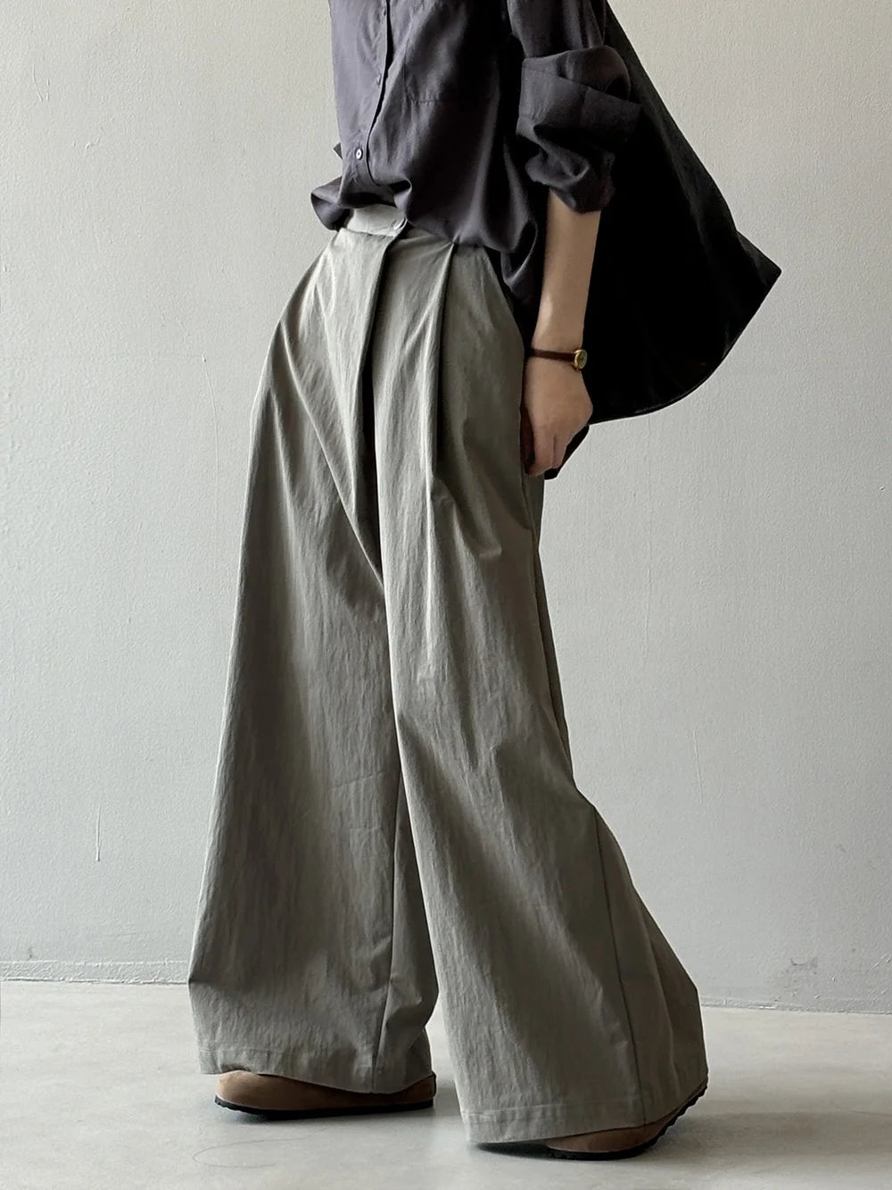Asymmetric Diagonal Placket Wide Leg Pants for Women's Spring Casual High Waisted Straight Leg Pants