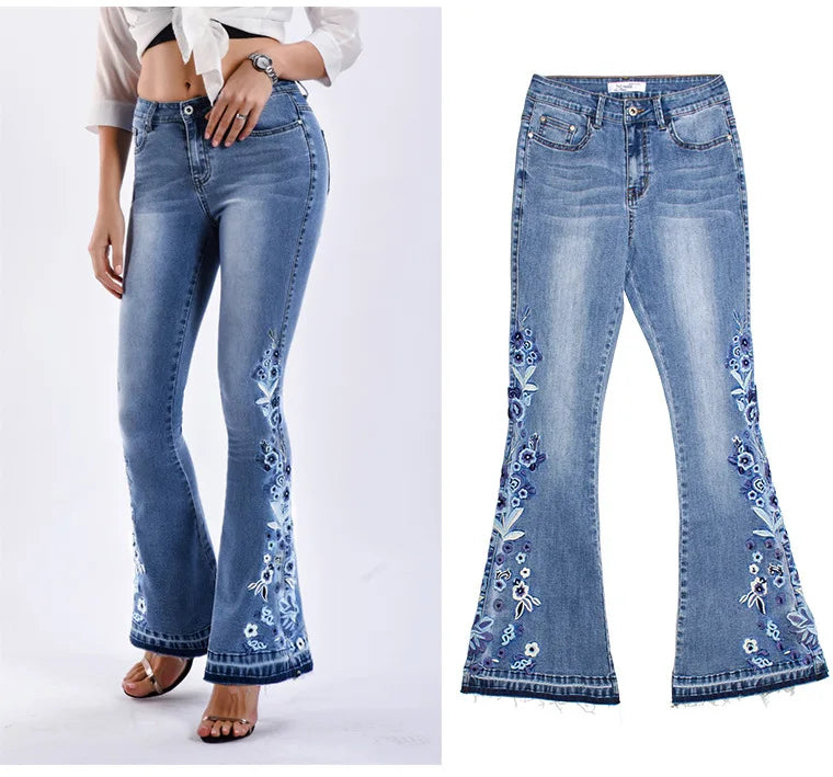 Women Stretch High Waist Embroidery Jeans Wide Leg Floral Denim Long Pants Flared Trousers Lady Women's Fashion Pants