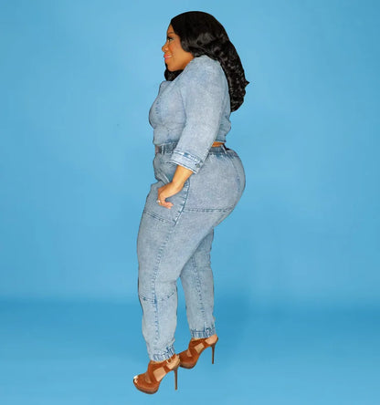Trending Products 2022 New Arrivals Fashion Casual Washed Plus Size Jean for Woman Jean Two Piece Set