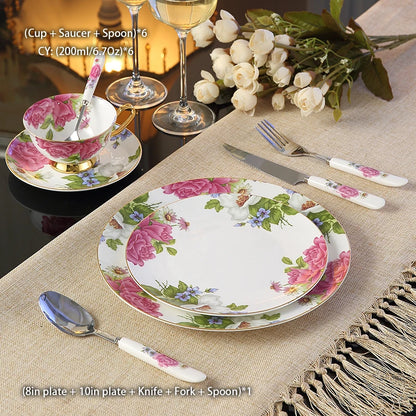 Europe Pastoral Bone China Tableware Set with Fork Knife Dishes Plates British Royal Advanced Porcelain Meal Cutlery Dinnerware