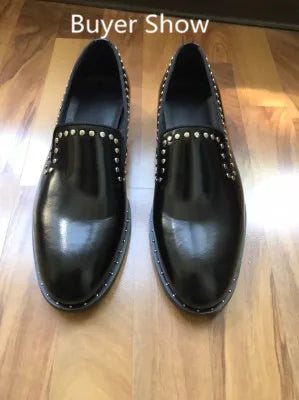 New fashion black shoes for men slip on loafers  rivet square toe  dress shoes Shiny genuine leather men shoes