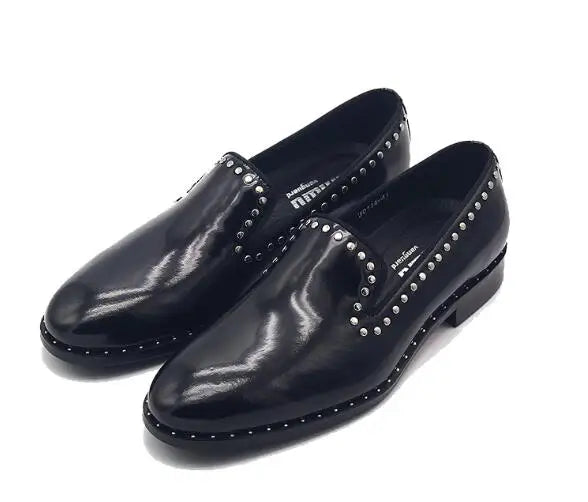 New fashion black shoes for men slip on loafers  rivet square toe  dress shoes Shiny genuine leather men shoes