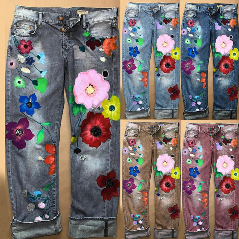 Cute Flower Printed Jeans Women Loose Jeans New Style Direct Jean Hot Fashion Ladies Printed Thin Denim Spring Summer Breathe