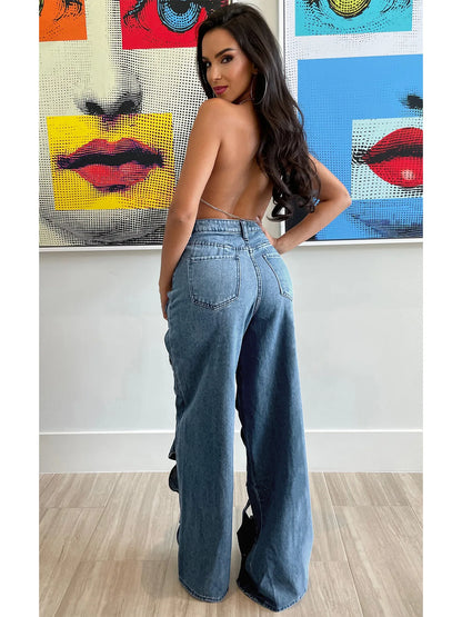 Clothes Vendors Boutique Wholesale Cutout Streetwear Denim Hot Bottom Wide Leg Pants Women Jeans