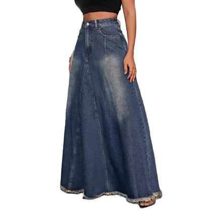 YUANBOFEI High Quality Women's Denim A-Line Midi Skirt Vintage Washed Stretch Jeans Breathable Comfortable Summer Casual Outing