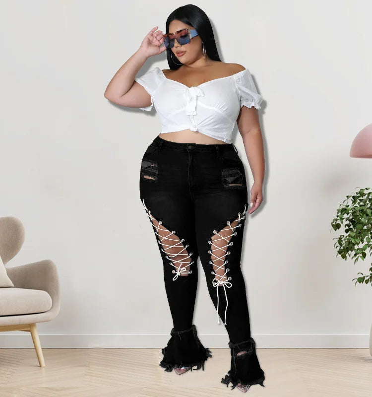 Trending Products 2022 New Arrivals FashionSlim Ripped Eyelet String Sexy Plus Size Jean for Woman