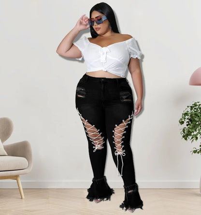 Trending Products 2022 New Arrivals FashionSlim Ripped Eyelet String Sexy Plus Size Jean for Woman