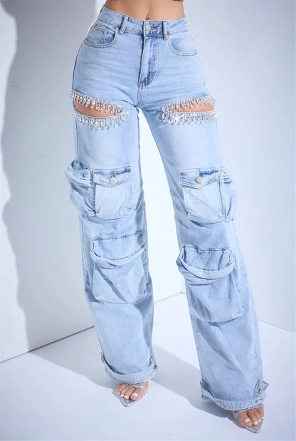 New Arrival Womens Cargo Denim Pants Fashion Mid-rise Jeans Straight Baggy Multi-pocket Hollow Out Rhinestones Trousers