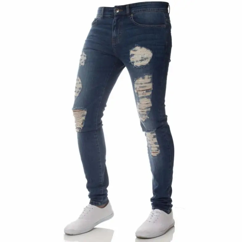 RNSHANGER Men Fashion Street Style Ripped Skinny Jeans Vintage Wash Solid Denim Trouser Mens Casual Slim Fit Pencil Denim Pants